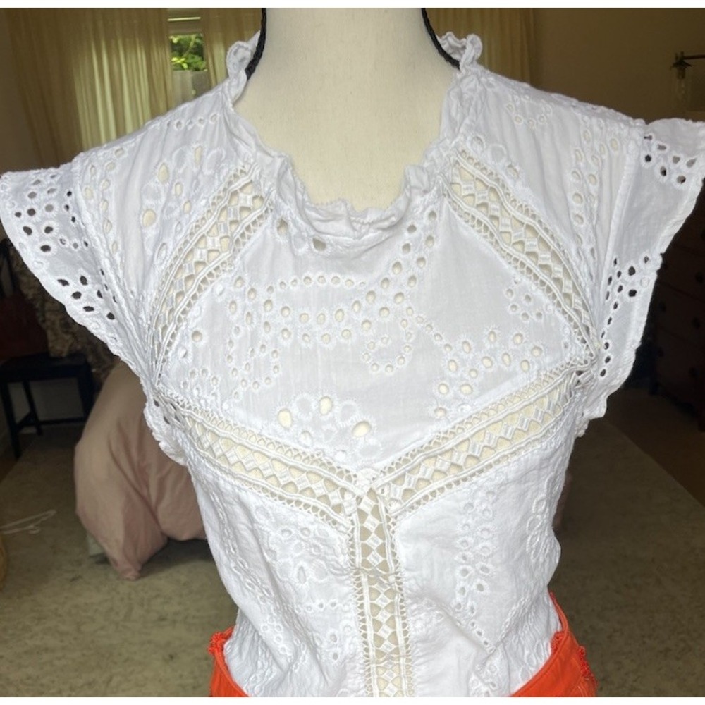 Sanctuary White Eyelet Top Sz Large Women Ruffle Cap Sleeve Cotton - Picture 6 of 7